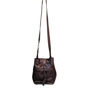 Mano Brown Leather Bucket Bag Crossbody Drawstring Adjustable Strap